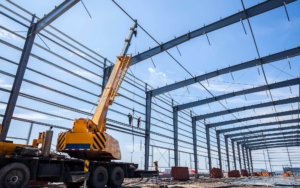 Interior view of workers building large warehouse