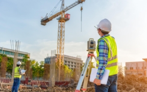 Construction worker using range finder tool at site
