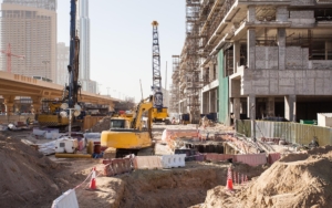 Side view of various construction equipment at work site