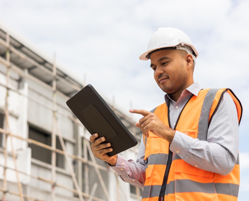 Construction worker looking at tablet at work site