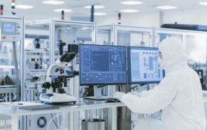 View of a worker on computer at Pharmaceutical Facility