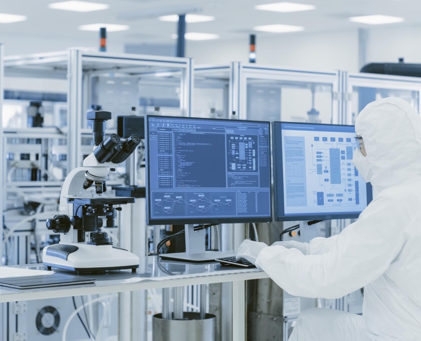 View of a worker on computer at Pharmaceutical Facility